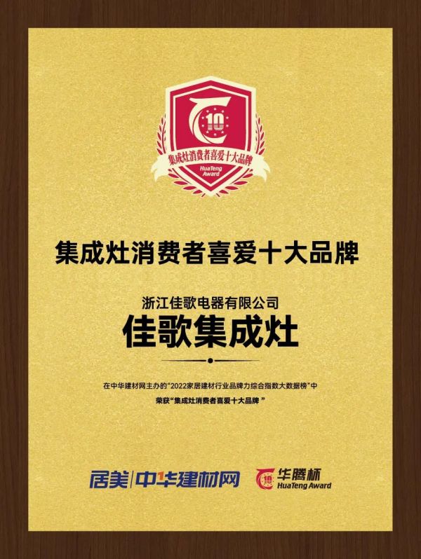 再攬大獎(jiǎng)，載譽(yù)前行！佳歌榮獲“華騰杯”集成灶消費(fèi)者喜愛十大品牌